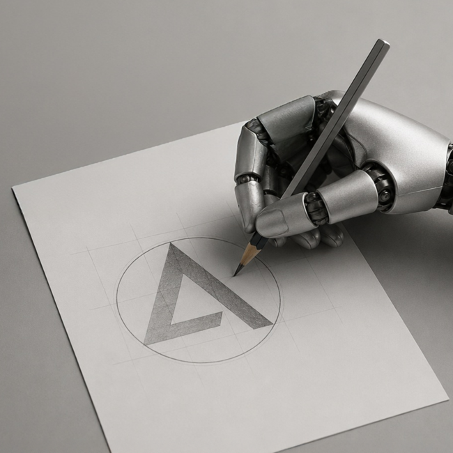 Logo selber machen mit Canva oder KI? Symbolbild: Roboterarm zeichnet mit einem Stift auf ein Blatt Papier ein Logo