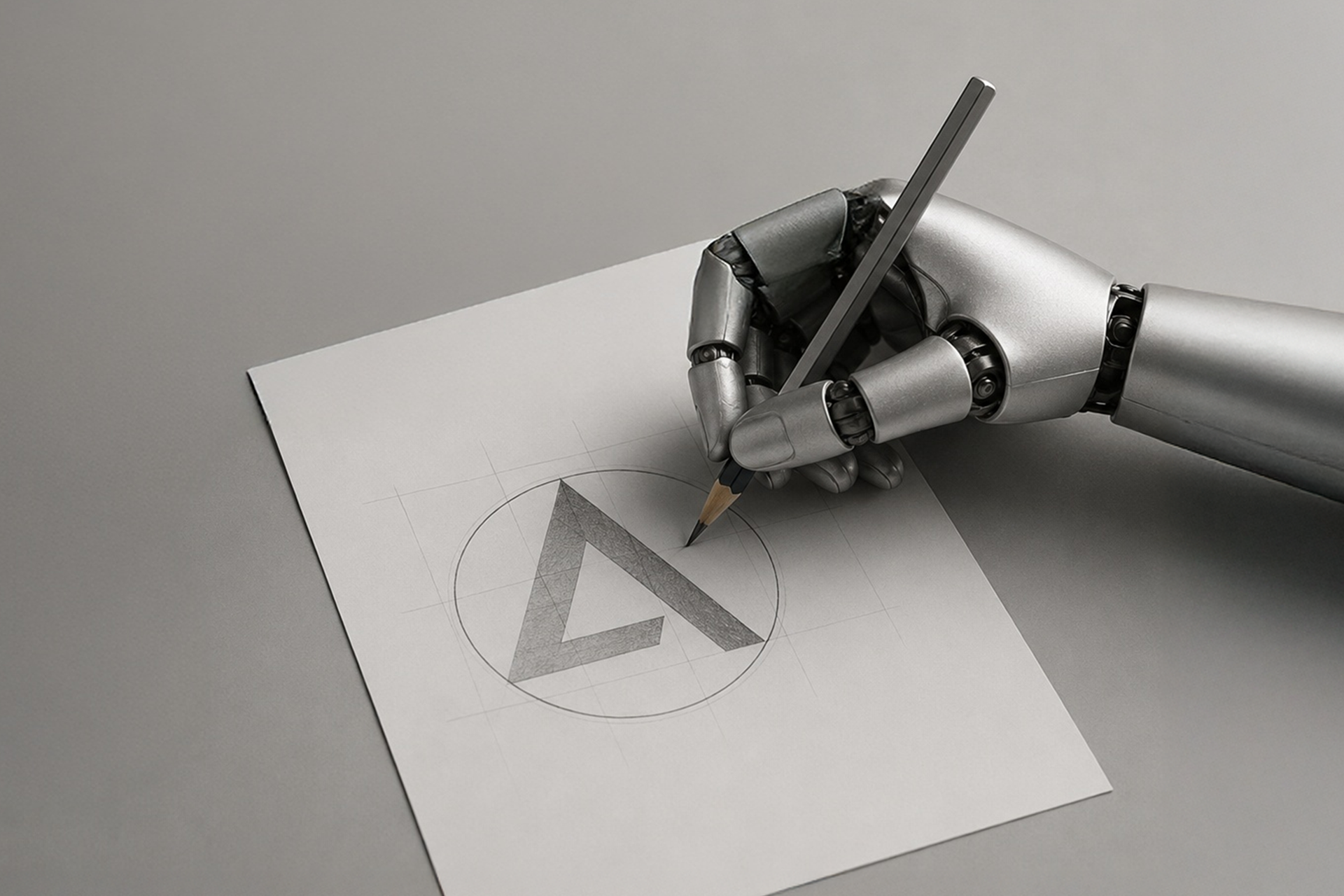 Logo selber machen mit Canva oder KI? Symbolbild: Roboterarm zeichnet mit einem Stift auf ein Blatt Papier ein Logo