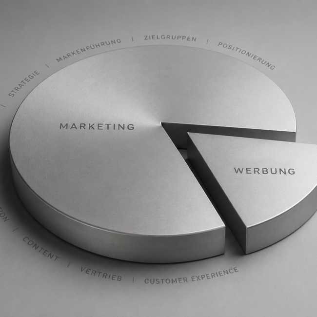 Das Bild Symbolisiert den Unterschied zwischen Marketing und Werbung beziehungsweise, dass Werbung nur ein kleiner Teil vom Marketing ist