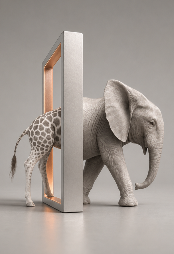 AZ Marketing Werbeagentur: Unsere Vision. Zu sehen ist eine Giraffe, die durch einen Torbogen geht und auf der anderen Seite als Elefant wieder herauskommt.