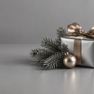 Minimalistisches, fotorealistisches Weihnachtsgeschenk in Silber mit goldener Schleife, Tannenzweig und Christbaumkugel auf grauem Hintergrund – Symbolbild für Weihnachtsgeschenke mit Branding, Kundengeschenke, Mitarbeitergeschenke, Werbegeschenke und personalisierte Unternehmensgeschenke.