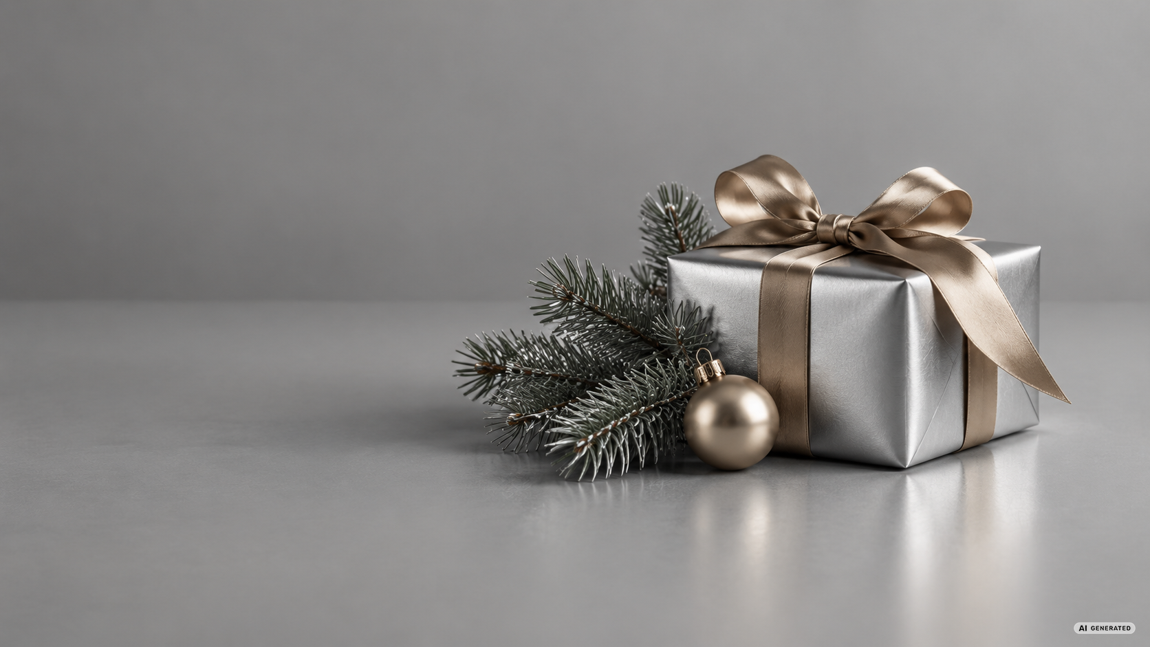 Minimalistisches, fotorealistisches Weihnachtsgeschenk in Silber mit goldener Schleife, Tannenzweig und Christbaumkugel auf grauem Hintergrund – Symbolbild für Weihnachtsgeschenke mit Branding, Kundengeschenke, Mitarbeitergeschenke, Werbegeschenke und personalisierte Unternehmensgeschenke.