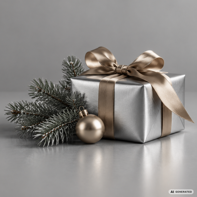 Minimalistisches, fotorealistisches Weihnachtsgeschenk in Silber mit goldener Schleife, Tannenzweig und Christbaumkugel auf grauem Hintergrund – Symbolbild für Weihnachtsgeschenke mit Branding, Kundengeschenke, Mitarbeitergeschenke, Werbegeschenke und personalisierte Unternehmensgeschenke.